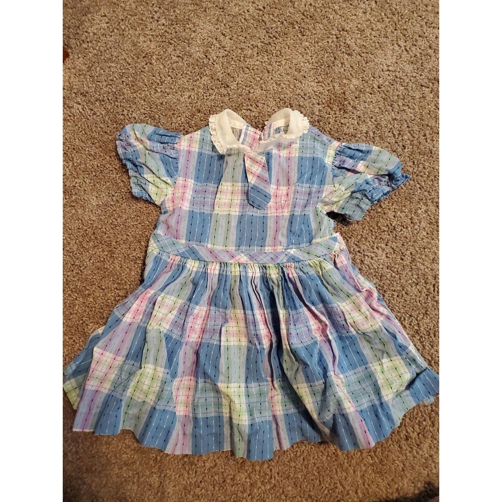Vintage Handmade Blue Pink Plaid Toddler Dress Cottagecore Buttons 12-18 Mos